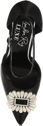 Maeissa Pearls Brooch Brooch Platform Block Clost Heel Sandals in Kuwait