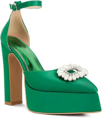 Maeissa Pearls Brooch Brooch Platform Block Clost Heel Sandals in Kuwait
