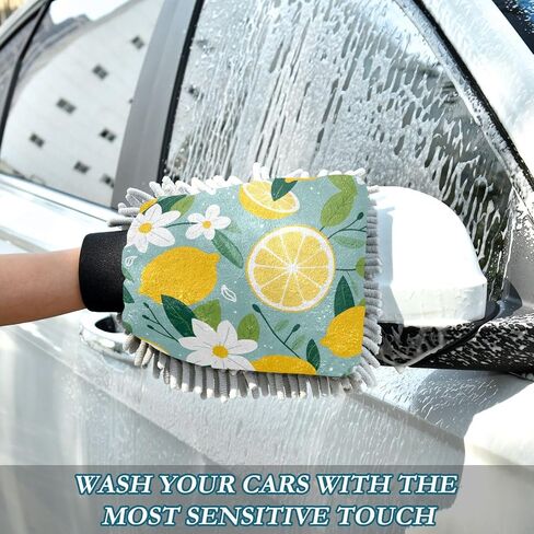 Absorbent Microfiber Car Wash Drying Mitts, 2 Pack, Scratch-Free & Lint-Free, Rich Foam, Highly Absorbent, Double Sided, Wash Mitt Perfect for Car Washing, L, Cute Lemon (6) in Saudi Arabia