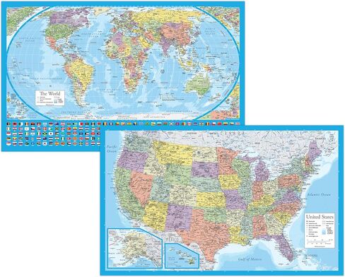2 Pack - Laminated World Map Poster & USA Map Set - Equal Earth world map design shows continents at true relative size - US Map 18" x 29" in Saudi Arabia