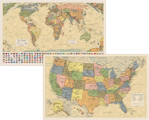2 Pack - Laminated World Map Poster & USA Map Set - Equal Earth world map design shows continents at true relative size - US Map 18" x 29" in Saudi Arabia