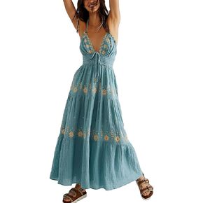ebossy Women's Summer Boho Embroidered Daisy Maxi Dress Halter Shirred V Neck Backless Flowy Vacation Beach Sundress in Saudi Arabia