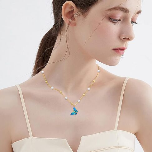 14K Real Gold Butterfly Necklace for Women,Yellow Gold Peart Butterfly Pendant+Chain with 8 PCS Pearls,Anniversary Birthday Jewelry Gifts for Wife Mom 16"-18" in Saudi Arabia