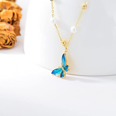 14K Real Gold Butterfly Necklace for Women,Yellow Gold Peart Butterfly Pendant+Chain with 8 PCS Pearls,Anniversary Birthday Jewelry Gifts for Wife Mom 16"-18" in Saudi Arabia