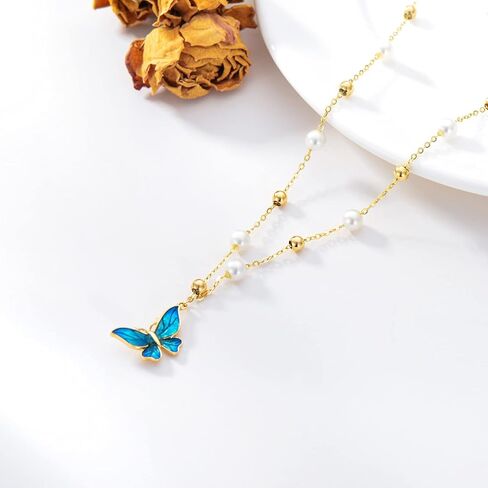 14K Real Gold Butterfly Necklace for Women,Yellow Gold Peart Butterfly Pendant+Chain with 8 PCS Pearls,Anniversary Birthday Jewelry Gifts for Wife Mom 16"-18" in Saudi Arabia