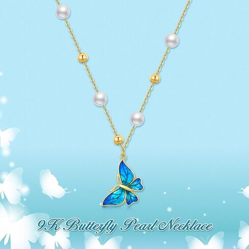 14K Real Gold Butterfly Necklace for Women,Yellow Gold Peart Butterfly Pendant+Chain with 8 PCS Pearls,Anniversary Birthday Jewelry Gifts for Wife Mom 16"-18" in Saudi Arabia