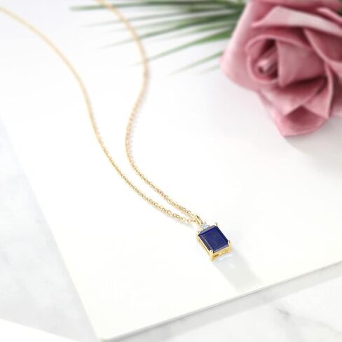 18K Yellow Gold Plated Silver Gemstone Birthstone Solitaire Pendant Necklace for Women | Emerald Cut 9X7MM and 2MM Round White Accents | With 18 Inch Chain | Fine Jewelry for Her Mom Wife in Saudi Arabia