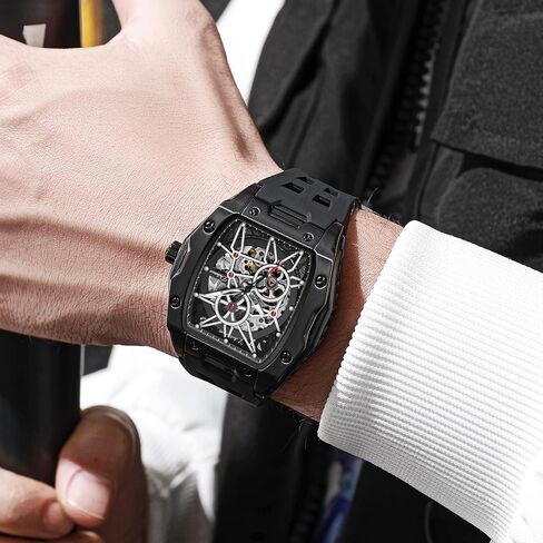 Men's Watches Automatic Mechanical Wristwatch Tonneau Hollow Design 30M Waterproof Luminous Self-Winding in Saudi Arabia