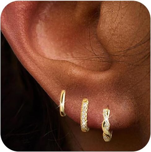 أقراط ذهبية للنساء للنساء أقراط طوق مقطوعة 14 كيلو بايت/فضية مطلي 3 أزواج Huggie Hoops cubic Zirconia arring cz stud chunky hoop edring arring trendy gifts for women in Kuwait