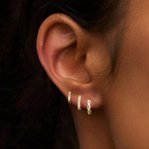 أقراط ذهبية للنساء للنساء أقراط طوق مقطوعة 14 كيلو بايت/فضية مطلي 3 أزواج Huggie Hoops cubic Zirconia arring cz stud chunky hoop edring arring trendy gifts for women in Kuwait