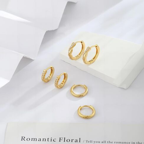 أقراط ذهبية للنساء للنساء أقراط طوق مقطوعة 14 كيلو بايت/فضية مطلي 3 أزواج Huggie Hoops cubic Zirconia arring cz stud chunky hoop edring arring trendy gifts for women in Kuwait