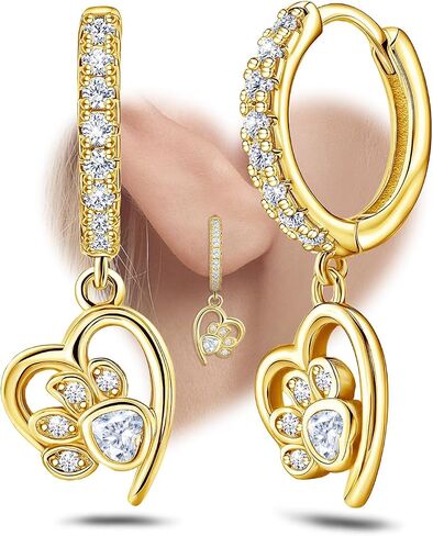 Gold Heart Print Earrings for Women Sterling Silver Cute Pet Puppy Cat Dog Paw Print Hoop Earrings Hypoallergenic White Cubic Zirconia Heart-Shaped Loop Earring Dainty Gifts for Christmas Birthday in Kuwait