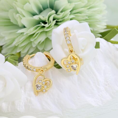 Gold Heart Print Earrings for Women Sterling Silver Cute Pet Puppy Cat Dog Paw Print Hoop Earrings Hypoallergenic White Cubic Zirconia Heart-Shaped Loop Earring Dainty Gifts for Christmas Birthday in Kuwait
