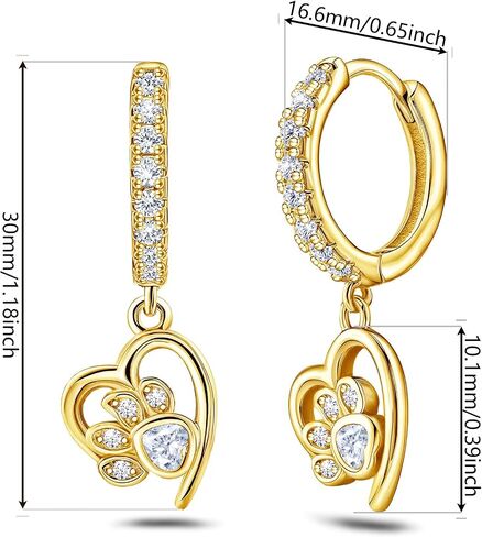 Gold Heart Print Earrings for Women Sterling Silver Cute Pet Puppy Cat Dog Paw Print Hoop Earrings Hypoallergenic White Cubic Zirconia Heart-Shaped Loop Earring Dainty Gifts for Christmas Birthday in Kuwait