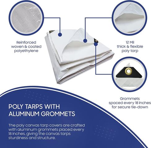 Tarps Now 10x14 Feet Poly Tarp |12 MIL Heavy Duty Waterproof Cover |Rip and Tear Proof Plastic Tarp with Rustproof Aluminum Grommets & Reinforced Edges |Ideal for Roof Repairs, Landscaping-White in Kuwait