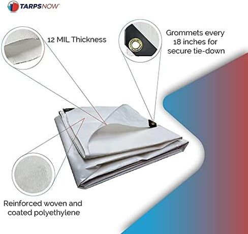Tarps Now 10x14 Feet Poly Tarp |12 MIL Heavy Duty Waterproof Cover |Rip and Tear Proof Plastic Tarp with Rustproof Aluminum Grommets & Reinforced Edges |Ideal for Roof Repairs, Landscaping-White in Kuwait
