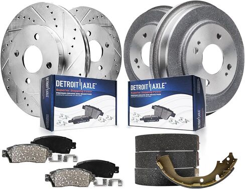 Detroit Axle - 1.7L Brake Kit for 01-05 Honda Civic, Front Drilled and Slotted Disc Rotors Ceramic Brake Pads Rear Brake Drums Semi-metallic Brake Shoes 2001 2002 2003 2004 2005 Replacement in Saudi Arabia