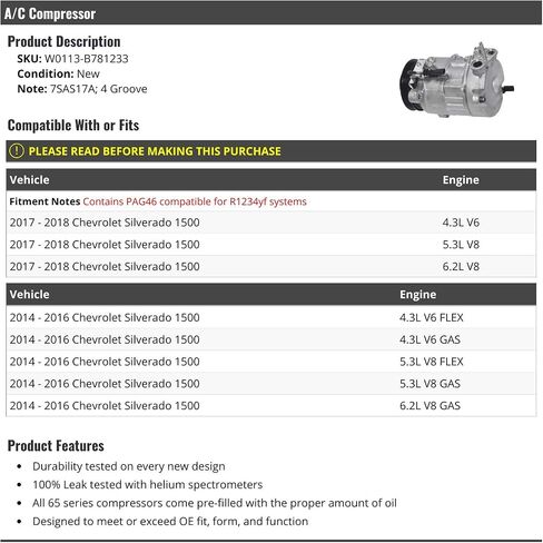 متوافق مع ضاغط AC مع 2014-2018 Chevy Silverado 1500 ، (W0113-B781233) in Saudi Arabia