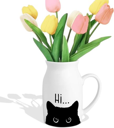 Cute Cat Themed Gifts, Small Ceramic Flower Vase Funny Coffee Mug for Cat Lover Owner Women Friend, Home Living Room Farmhouse Office Desk Table Shelf Decor (No Plants) in Kuwait