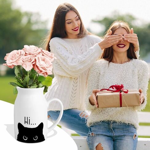 Cute Cat Themed Gifts, Small Ceramic Flower Vase Funny Coffee Mug for Cat Lover Owner Women Friend, Home Living Room Farmhouse Office Desk Table Shelf Decor (No Plants) in Kuwait