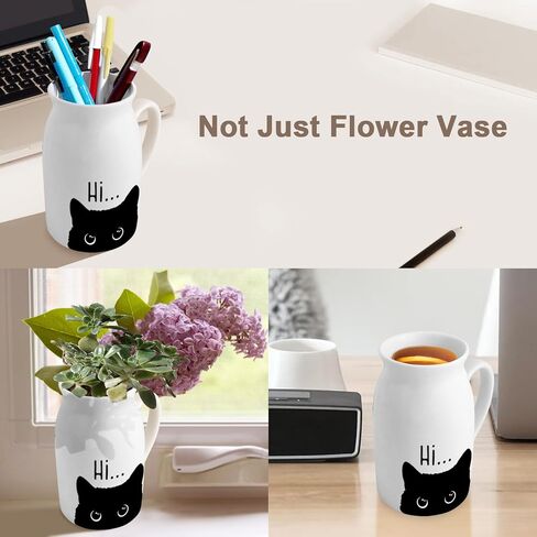 Cute Cat Themed Gifts, Small Ceramic Flower Vase Funny Coffee Mug for Cat Lover Owner Women Friend, Home Living Room Farmhouse Office Desk Table Shelf Decor (No Plants) in Kuwait