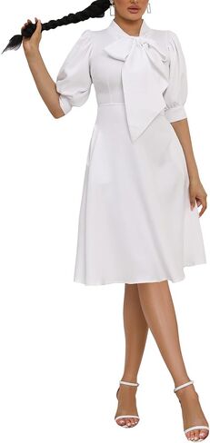 IWFEV Bowknot Puff Sleeve Women's A-line Dress High Waist Midi Dress Plain Dress in Kuwait