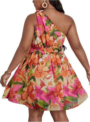 Floerns Women's Plus Size Floral Print One Shoulder Sleeveless Belted A Line Dress in Saudi Arabia