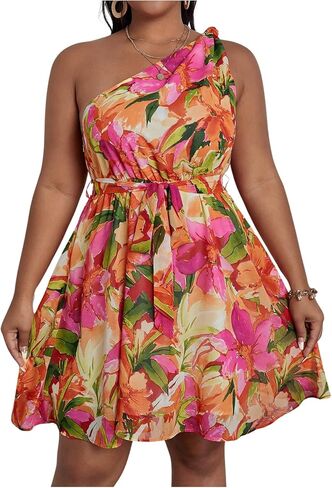 Floerns Women's Plus Size Floral Print One Shoulder Sleeveless Belted A Line Dress in Saudi Arabia