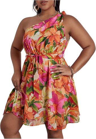 Floerns Women's Plus Size Floral Print One Shoulder Sleeveless Belted A Line Dress in Saudi Arabia