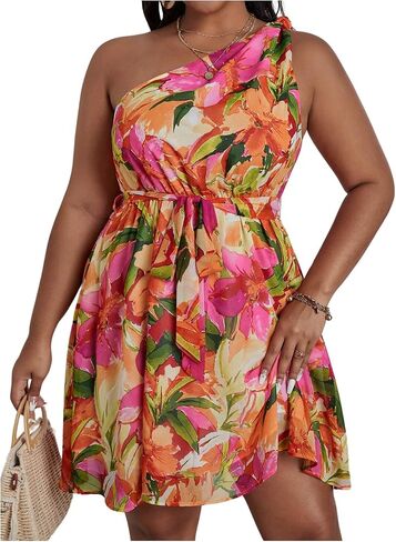 Floerns Women's Plus Size Floral Print One Shoulder Sleeveless Belted A Line Dress in Saudi Arabia