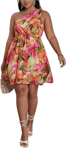 Floerns Women's Plus Size Floral Print One Shoulder Sleeveless Belted A Line Dress in Saudi Arabia