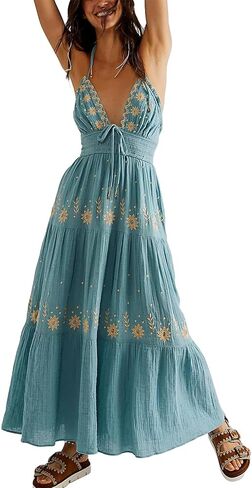 Ebossy Women's Summer Boho المطرزة Daisy Maxi Dress Halter Shirred v الرقبة الخلف in Saudi Arabia