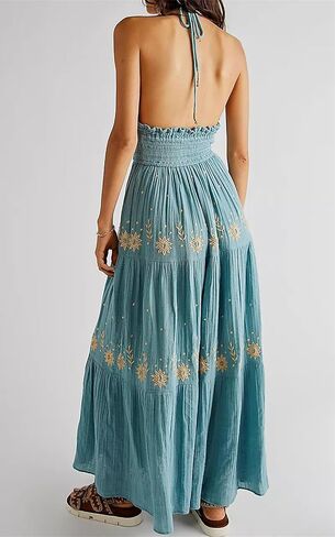 Ebossy Women's Summer Boho المطرزة Daisy Maxi Dress Halter Shirred v الرقبة الخلف in Saudi Arabia