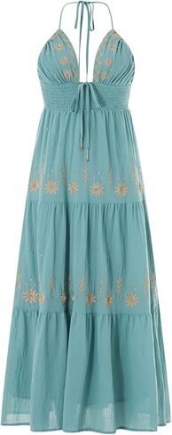 Ebossy Women's Summer Boho المطرزة Daisy Maxi Dress Halter Shirred v الرقبة الخلف in Saudi Arabia