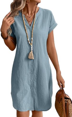 IDEALSANXUN Womens Linen Dress Spring Summer Casual Lightweight Cap Sleeve V Neck Midi Button Down Shirt Dresses in Saudi Arabia