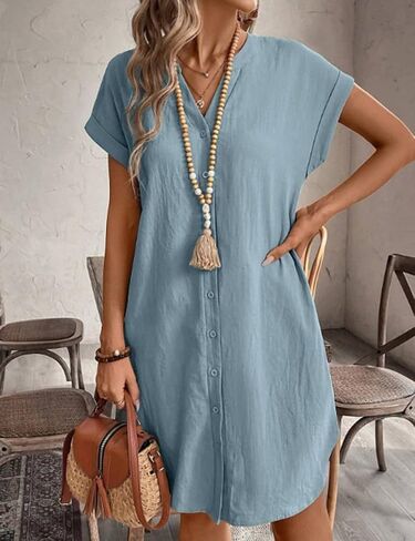 IDEALSANXUN Womens Linen Dress Spring Summer Casual Lightweight Cap Sleeve V Neck Midi Button Down Shirt Dresses in Saudi Arabia