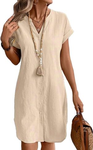 IDEALSANXUN Womens Linen Dress Spring Summer Casual Lightweight Cap Sleeve V Neck Midi Button Down Shirt Dresses in Saudi Arabia