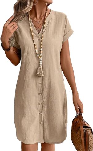 IDEALSANXUN Womens Linen Dress Spring Summer Casual Lightweight Cap Sleeve V Neck Midi Button Down Shirt Dresses in Saudi Arabia