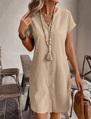 IDEALSANXUN Womens Linen Dress Spring Summer Casual Lightweight Cap Sleeve V Neck Midi Button Down Shirt Dresses in Saudi Arabia