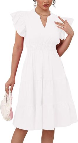 Women's Summer Casual Dress Ruffle Sleeve V Neck Fit Flowy Tiered Boho Midi Dress Beach Vacation Sundress in Saudi Arabia