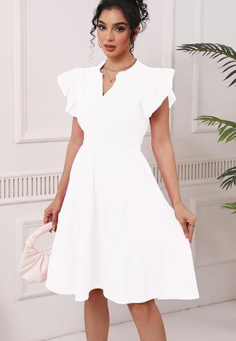 Women's Summer Casual Dress Ruffle Sleeve V Neck Fit Flowy Tiered Boho Midi Dress Beach Vacation Sundress in Saudi Arabia
