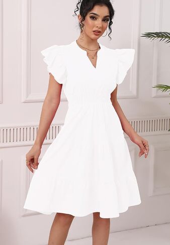 Women's Summer Casual Dress Ruffle Sleeve V Neck Fit Flowy Tiered Boho Midi Dress Beach Vacation Sundress in Saudi Arabia