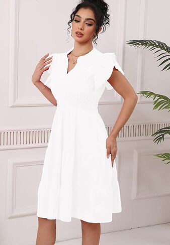 Women's Summer Casual Dress Ruffle Sleeve V Neck Fit Flowy Tiered Boho Midi Dress Beach Vacation Sundress in Saudi Arabia