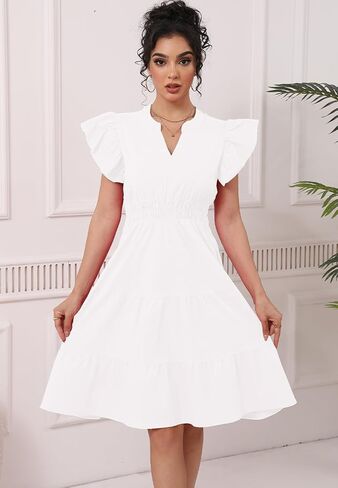 Women's Summer Casual Dress Ruffle Sleeve V Neck Fit Flowy Tiered Boho Midi Dress Beach Vacation Sundress in Saudi Arabia