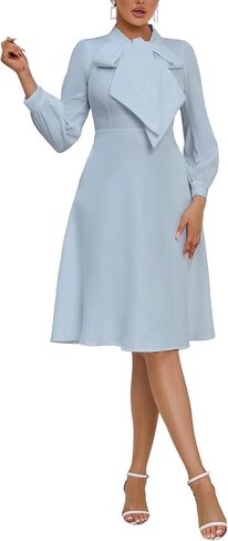 IWFEV Bowknot Puff Sleeve Women's A-line Dress High Waist Midi Dress Plain Dress in Kuwait