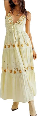 Ebossy Women's Summer Boho المطرزة Daisy Maxi Dress Halter Shirred v الرقبة الخلف in Kuwait
