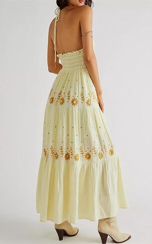 Ebossy Women's Summer Boho المطرزة Daisy Maxi Dress Halter Shirred v الرقبة الخلف in Kuwait