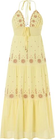 Ebossy Women's Summer Boho المطرزة Daisy Maxi Dress Halter Shirred v الرقبة الخلف in Kuwait