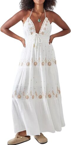 Ebossy Women's Summer Boho المطرزة Daisy Maxi Dress Halter Shirred v الرقبة الخلف in Kuwait