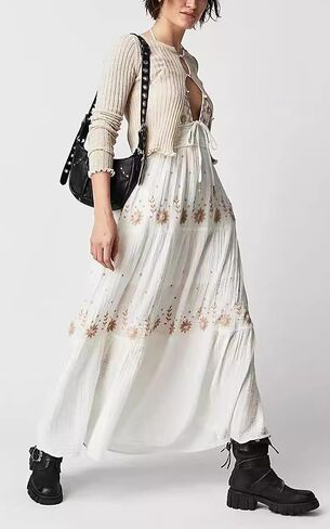 Ebossy Women's Summer Boho المطرزة Daisy Maxi Dress Halter Shirred v الرقبة الخلف in Kuwait